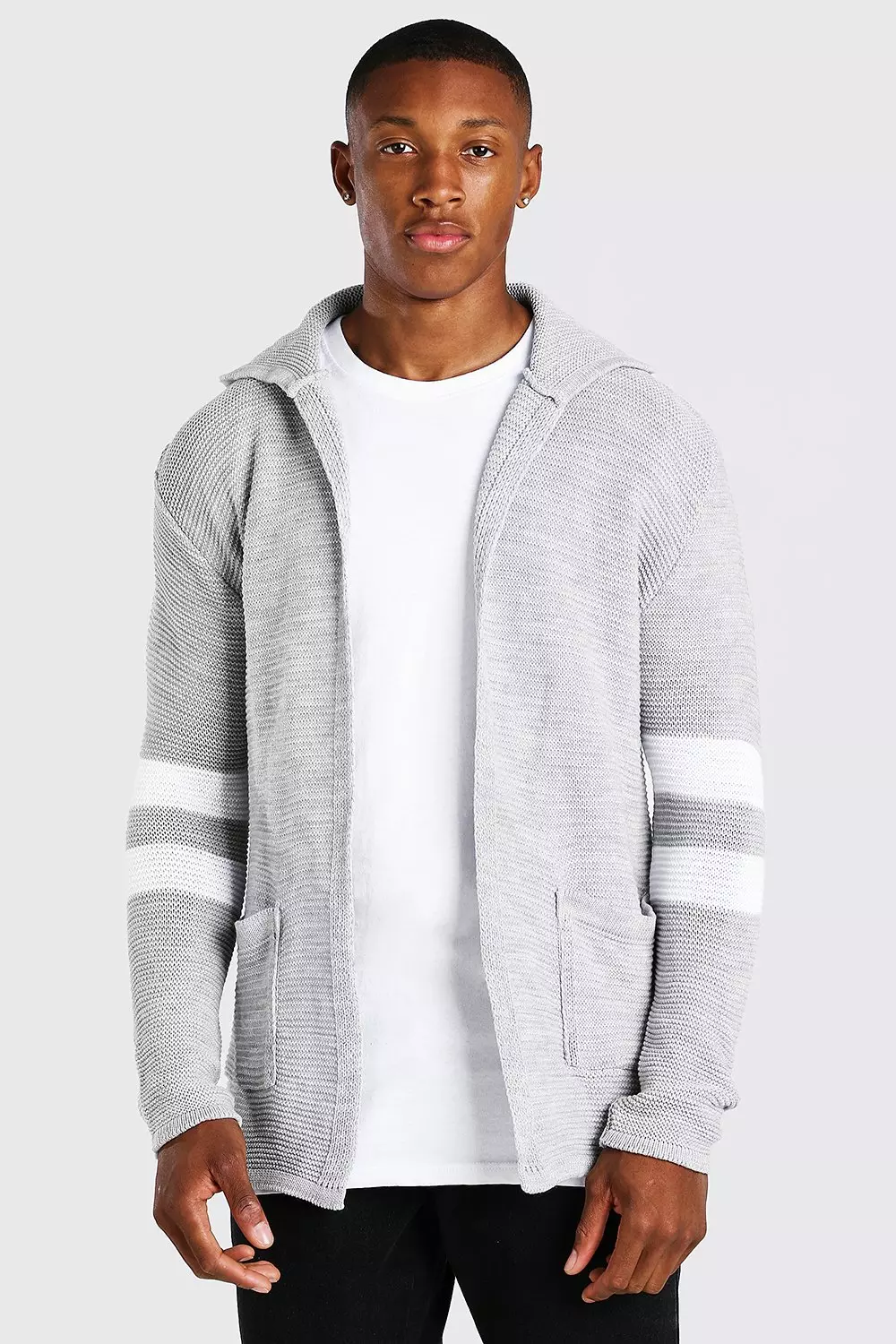 Longline Hooded Cardigan With Stripes boohooMAN IE